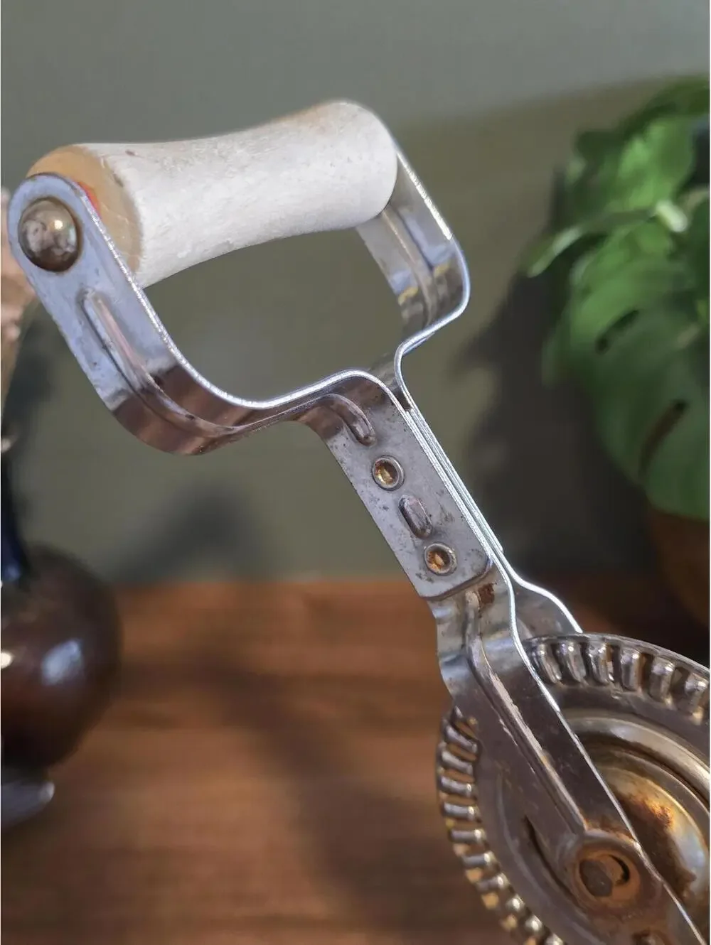 Vintage Rotary Hand Mixer / Egg Beater with Wooden Handles & Display Stand